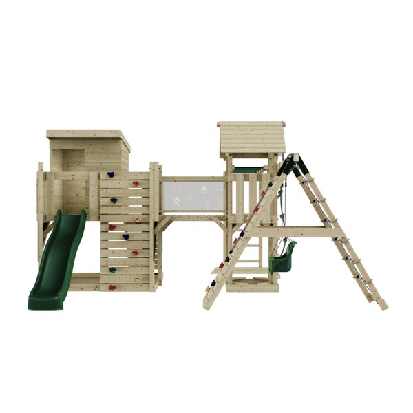 Spielplatz mit Rutsche, Kletterwand, Schaukel und Tafel