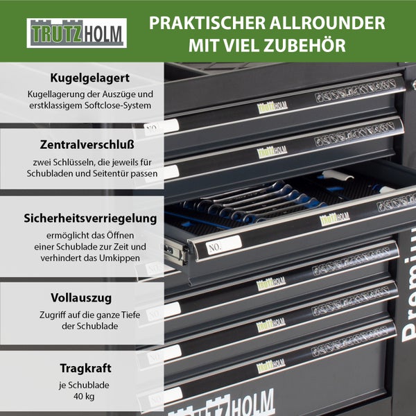 Werkzeugwagen Premium XXL 7 Schubladen gefüllt mit Werkzeug 840mm Breite.CRV Werkzeug abschließbar  Anthrazit