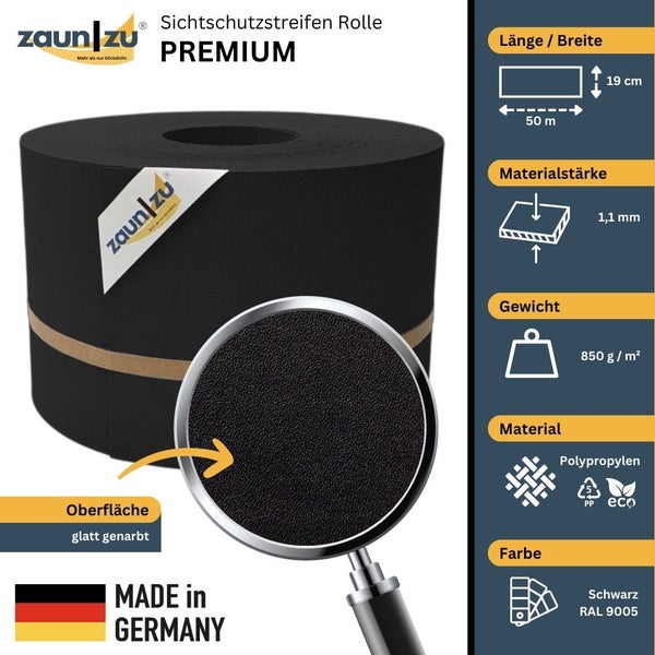Zaun zu Sichtschutzstreifen Rolle Premium aus Polypropylen, 50 Meter Länge, 19 Zentimeter Breite, 1,1 Millimeter Materialstärke, 850 Gramm pro Quadratmeter Gewicht, glatt genarbt, Made in Germany
