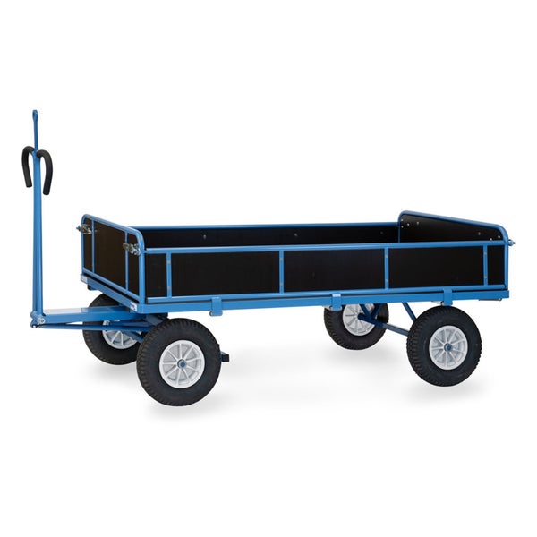Handwagen mit blauem Metallrahmen, schwarzen Seitenwänden, vier Luftreifen und Deichsel.