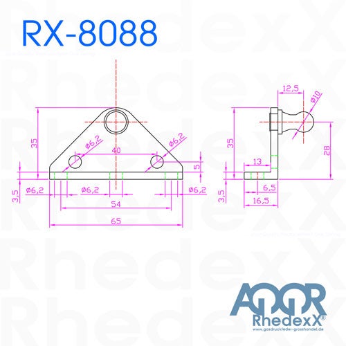 Technische Zeichnung des Gasfeder-Beschlags RX-8088 mit Maßen in Millimeter inklusive Vorderansicht, Seitenansicht und RhedeXX Logo.