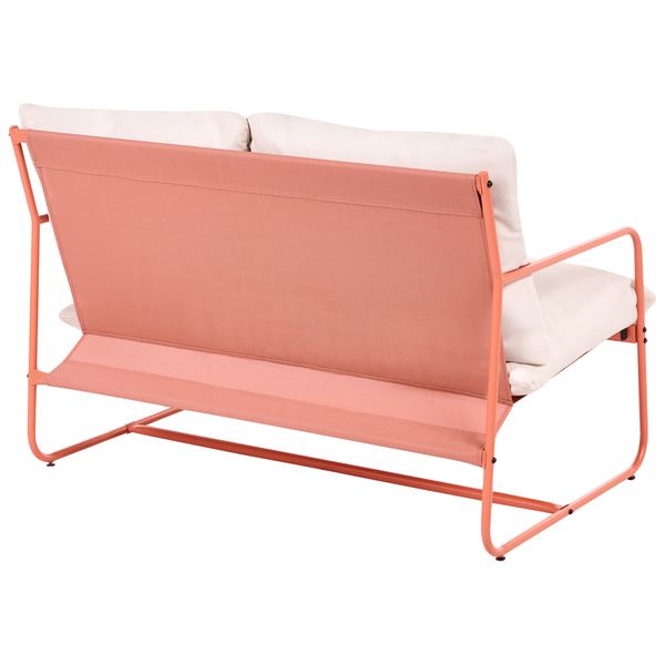 Korallfarbenes Zweisitzer-Gartensofa in der Rückansicht mit Metallgestell, Textilbespannung an der Rückenlehne und hellen Polstern.