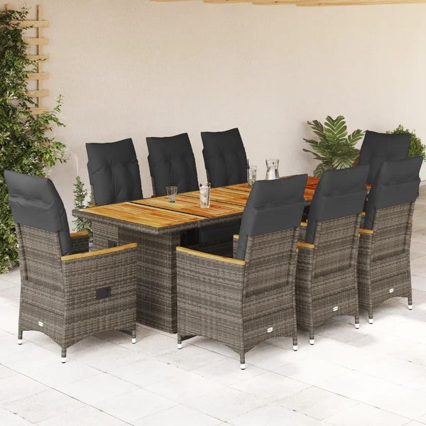 9-tlg. Garten-Bistro-Set mit Kissen Grau Poly Rattan