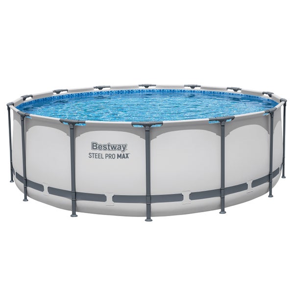 Bestway Steel Pro Max Aufstellpool, rund, mit grauem Stahlrahmen und hellgrauer Außenwand, gefüllt mit Wasser.