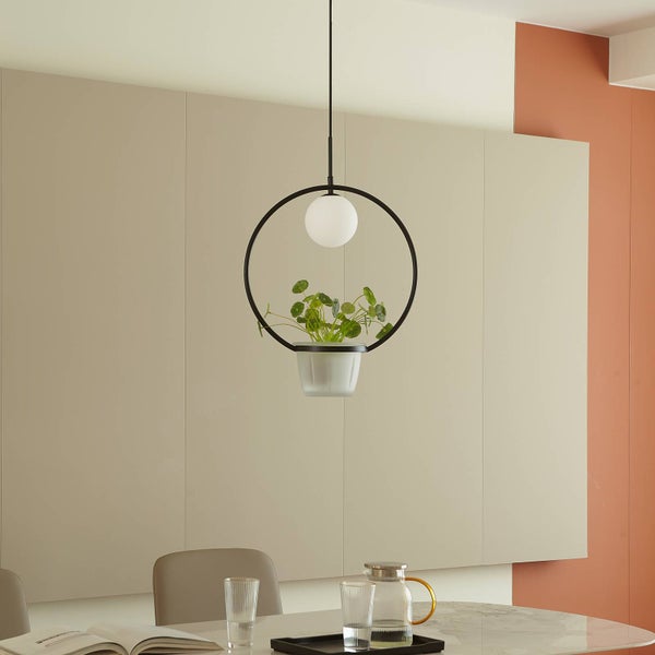 Hängelampe mit Pflanzgefäß und Zimmerpflanze über einem Esstisch