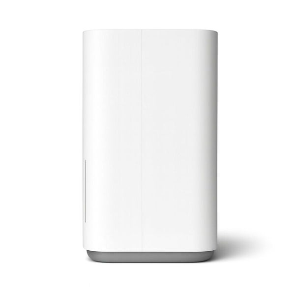 Weißes, aufrecht stehendes elektronisches Gerät mit abgerundeten Ecken und grauer Basis.