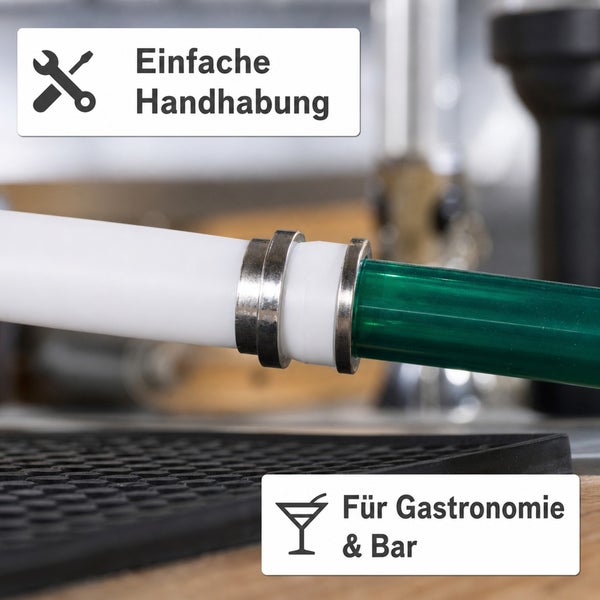 Schlauchverbinder für Schankanlagen mit Symbolen für einfache Handhabung und Eignung für Gastronomie und Bar.