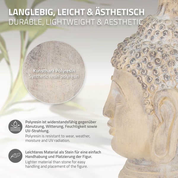 ECD Germany Buddha Figur 78 cm Beige/Grau, Kunststein Polyresin, Kopf Statue Skulptur Dekofigur Feng Shui Kunststeinfigur Dekoration Gartenfigur Asien Dekorationsobjekt Steinfigur, für Haus und Garten
