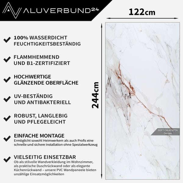 Aluverbund24 Logo, Dekorpaneel Soft Calacatta mit den Maßen 122 mal 244 Zentimeter, Eigenschaften und Vorteile