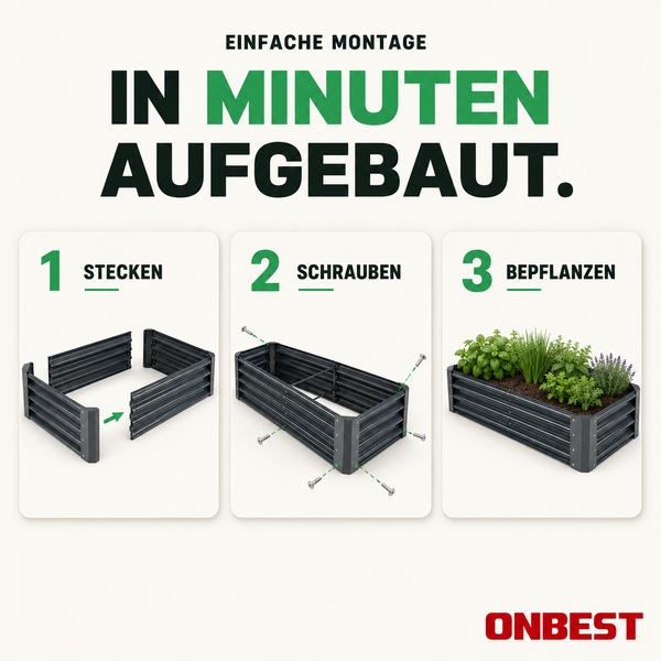 Montageanleitung für ein Hochbeet aus Metall in drei Schritten: Zusammenstecken, Verschrauben und Bepflanzen. ONBEST Logo.