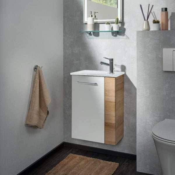 Fackelmann MILANO Gäste-WC Set 2 Teile – Waschtischunterschrank in Weiß mit Holz Braun mit Waschbecken aus Glas in Weiß – SBC Waschbeckenunterschrank schmal – Türanschlag links – 45 cm breit