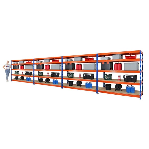 PROREGAL Mega Deal 4x Profi Schwerlastregal Rhino HxBxT 180 x 200 x 60 cm 5 Spanplatten-Ebenen 8mm Fachlast 500 kg Blau/Orange