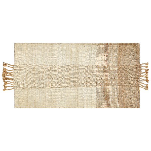 Rechteckiger Juteteppich mit Fransen und gewebter Textur.
