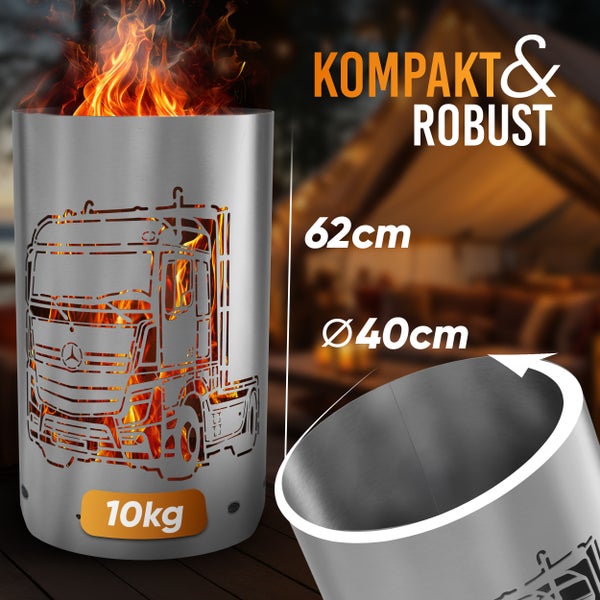 Feuersäule aus Stahl mit Lkw-Motiv, 62 cm hoch, Durchmesser 40 cm und 10 kg schwer
