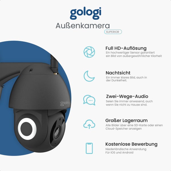 Gologi Superior Außenkamera - Außenkamera mit Nachtsicht - Sicherheitskamera mit Kabel - Sicherheitskamera - 3MP - Mit Wifi und App - Schwarz