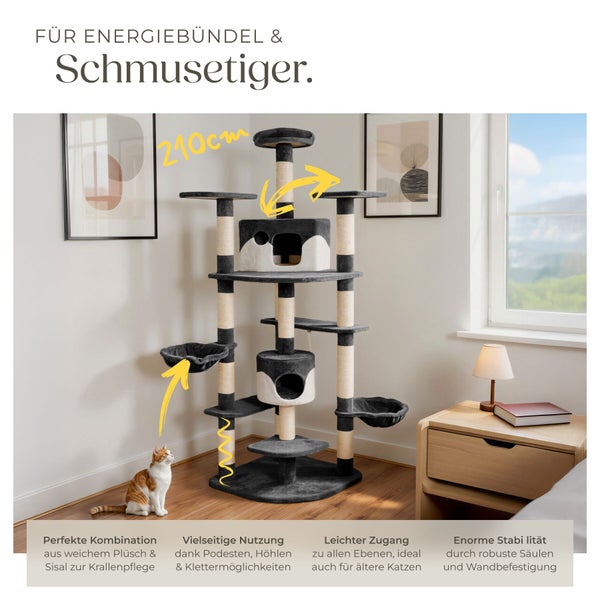 Hoher Katzenkratzbaum mit Liegeflächen, Katzenhäusern und Sisalstämmen