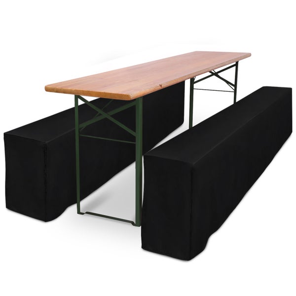 Bierzeltgarnitur mit Holztischplatte, grünem Gestell und zwei Bänken mit schwarzen Hussen