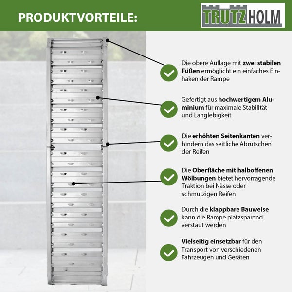 Trutzholm Aluminium Auffahrrampe mit stabilen Füßen, erhöhten Seitenkanten, rutschfester Oberfläche und klappbarem Design. Trutzholm Logo.