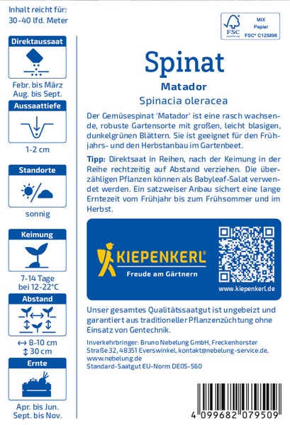 Saatgut für Spinat Matador von Kiepenkerl mit Anbauinformationen und FSC Zertifikat.
