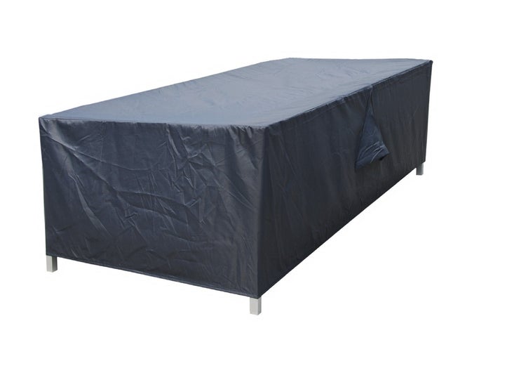 Dunkelgraue rechteckige Schutzhülle für Gartenmöbel mit Belüftungsklappen.