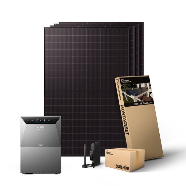 Balkonkraftwerk Komplettset mit vier Solarmodulen, Anker SOLIX Speicher, Wechselrichter, Montageset für Gitterbalkon und Zubehörbox.
