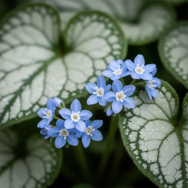 Kaukasus-Vergissmeinnicht Jack Frost mit blauen Blüten und silbrig gemusterten, herzförmigen Blättern.