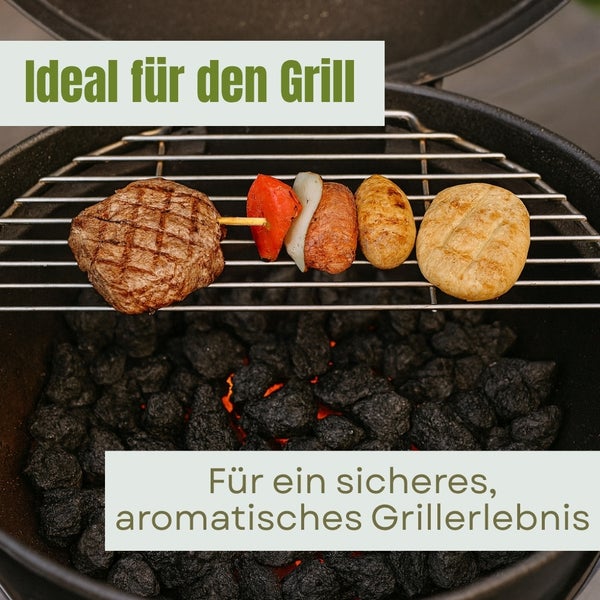 Grill mit Kohle, Fleisch, Gemüsespieß und Brot