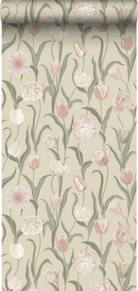 Borastapeter Tapete Blumen Rosa, Grün und Beige - 53 cm x 10.05 m - 662685