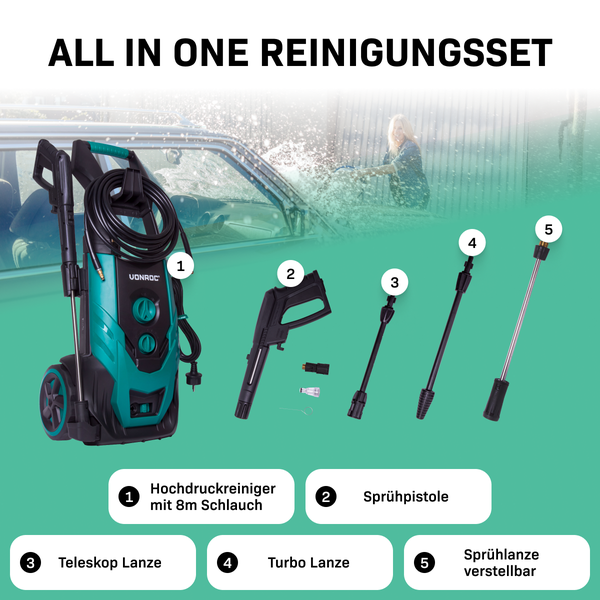 VONROC Hochdruckreiniger 170bar - Fassadenreiniger für mittelschwere Reinigungsarbeiten [2200W] - Durchfluss [450 l/h] Reinigungstank, Aluminium Pumpe - inkl. Zubehör Kit