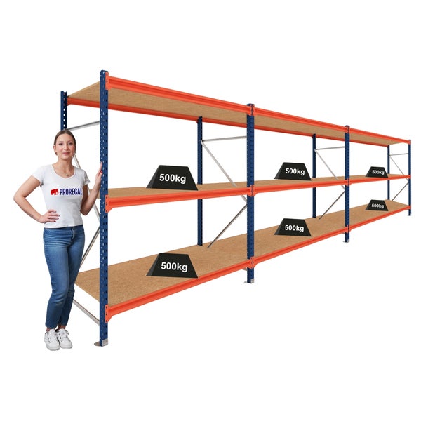 Schwerlastregal mit drei Ebenen aus Holzplatten und Metallrahmen, Belastbarkeit 500 Kilogramm pro Boden.