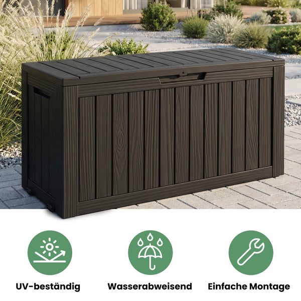 Gartenbox in Holzoptik auf einer hellen Steinterrasse im Garten. UV-beständig, wasserabweisend und einfache Montage.