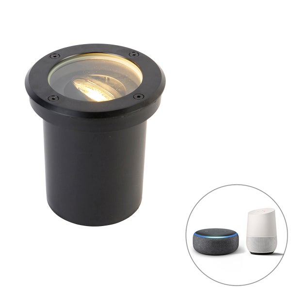 Schwarzer Bodeneinbaustrahler für außen, kompatibel mit Smart Home Systemen.