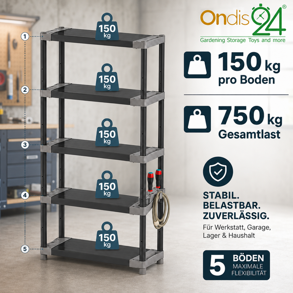 Ondis24 Logo. Kunststoffregal mit 5 Böden, Tragkraft 150 Kilogramm pro Boden, Gesamtlast 750 Kilogramm, inklusive Werkzeughalter.