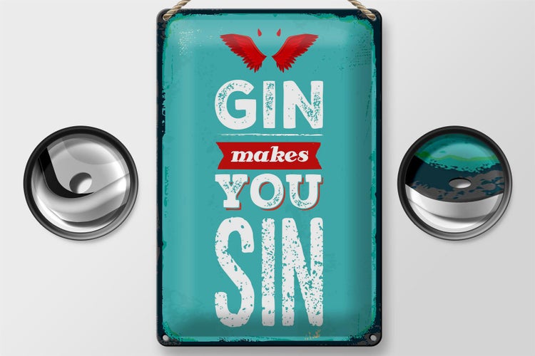Blechschild Spruch Gin makes you Sin Devil Hell 20x30cm