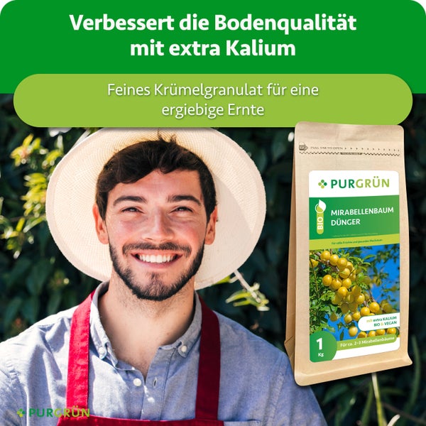 Purgrün Mirabellenbaum Dünger im 1 Kilogramm Beutel mit einem lächelnden Gärtner im Hintergrund.