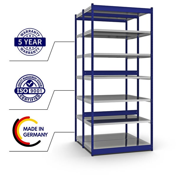 PROREGAL Fachbodenregal Stecksystem Vierkant-Profil Grundregal HxBxT 300 x 132,5 x 60 cm 2x7 Ebenen Doppelseitige Bauart Fachlast 200 kg Enzianblau