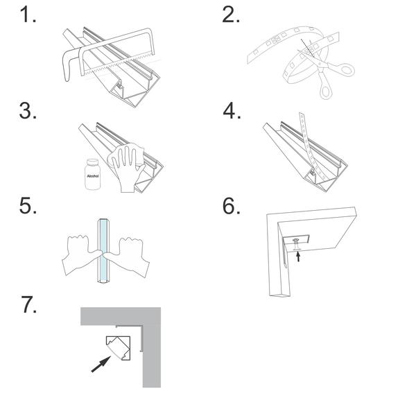 TIVENDIS Led Alu Profil 2 m E45 Komplett Set für Strip / Streifen bis 12 mm breit | Abdeckung satiniert milchig, Endkappen, Befestigungclips | L-Form Winkel Ecke Winkelprofil Eckprofil eloxiert