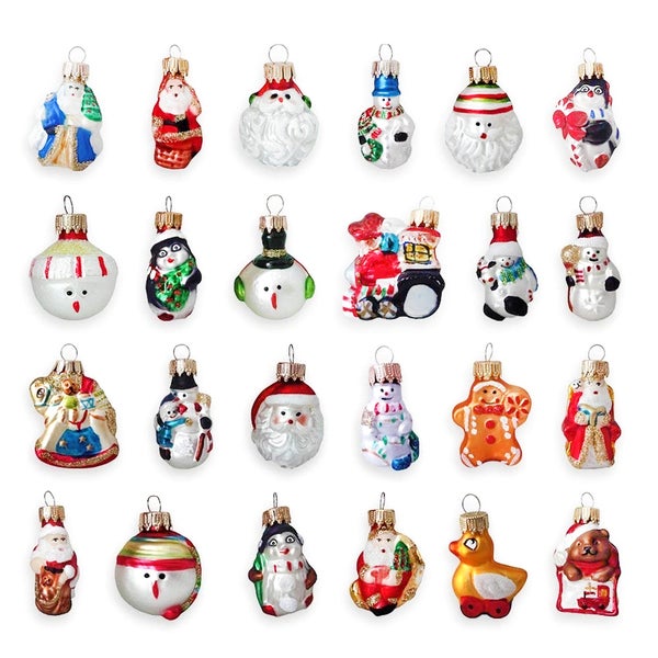Nostalgischer Adventskalender mit 24 Glasfiguren 3cm, mundgeblasen, handbemalt, 24 Stck., Weihnachtsbaumkugeln, Christbaumschmuck, Weihnachtsbaumanhänger