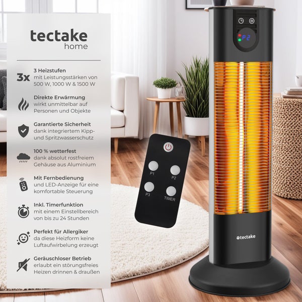 Tectake Standheizstrahler mit Fernbedienung, drei Heizstufen bis 1500 Watt, LED Anzeige und Timerfunktion für den Innen und Außenbereich.