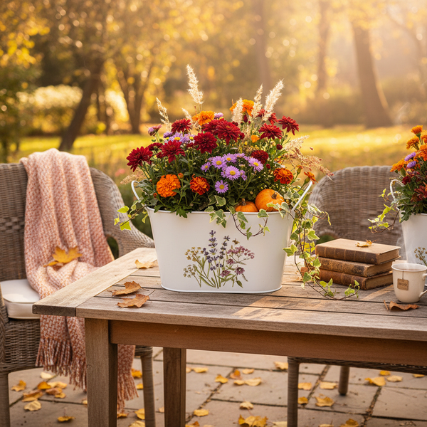 Herbstliches Gesteck mit Blumen und Kürbissen im weißen Pflanzgefäß auf einem hölzernen Gartentisch mit Rattansesseln und einer Decke.