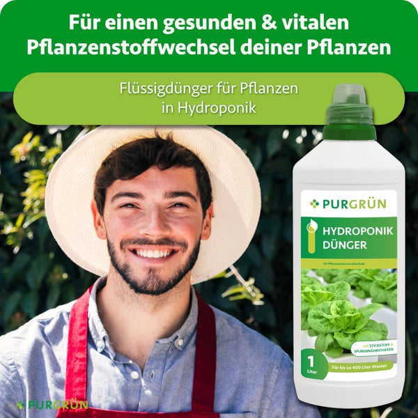 Eine Flasche Purgrün Hydroponik Dünger mit einem Liter Inhalt neben einem lächelnden Gärtner mit Hut und Schürze.