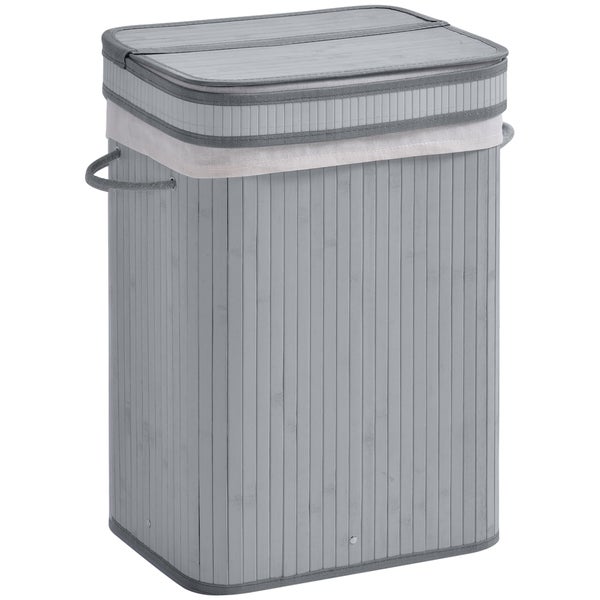 HOMCOM Bambus Wäschekorb schmal mit Deckel 70 L Wäschesammler mit Griffen, herausnehmbarer Wäschesack, Laundry Baskets für Waschküche Schlafzimmer Badezimmer Grau