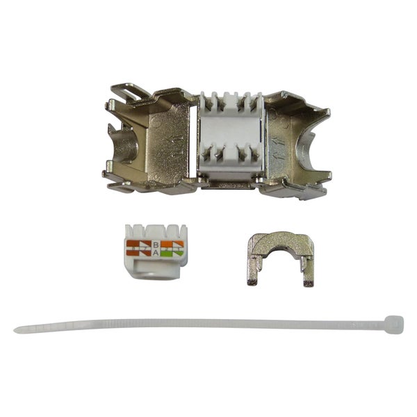 RJ45 Keystone Modul geschirmt Set mit Metallgehäuse Adernsortierer mit Farbkodierung und Kabelbinder für Netzwerkinstallationen.