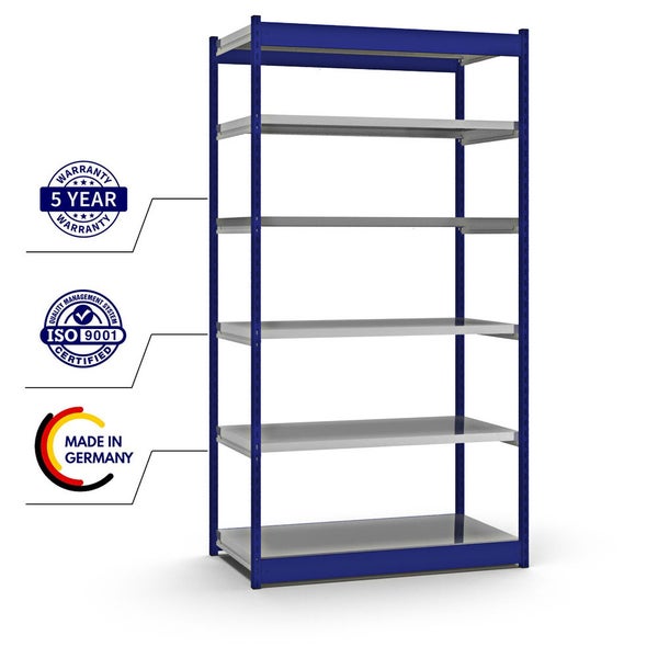 PROREGAL Fachbodenregal Stecksystem Vierkant-Profil Grundregal HxBxT 250 x 132,5 x 60 cm 6 Ebenen Einseitige Bauart Fachlast 200 kg Enzianblau