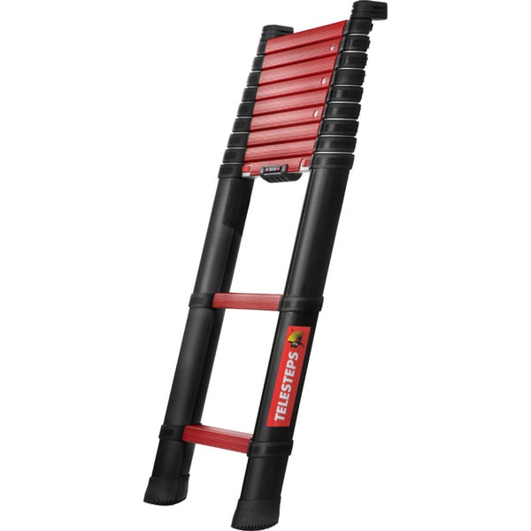 Telesteps Teleskopleiter Rescue aus Aluminium und Kunststoff in Schwarz und Rot, teilweise ausgezogen.