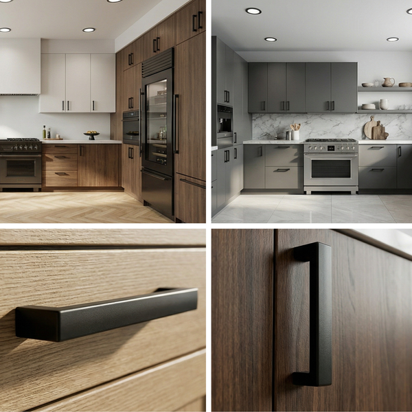 Küchenansicht mit Küchenschränken in verschiedenen Ausführungen und schwarzen Griffen.