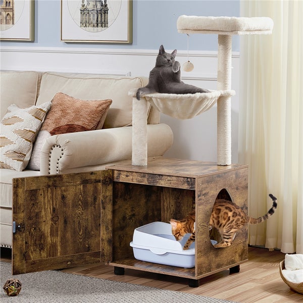 Katzenmöbel-Set mit Katzenklo und Kratzbaum in Wohnzimmerumgebung