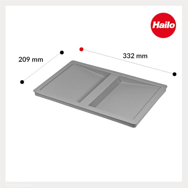 Grauer Hailo Kunststoffdeckel mit zwei Fächern, 209 Millimeter mal 332 Millimeter, Hailo Logo.