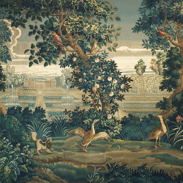 Wandteppich mit Garten, Tieren und Architektur-Motiv