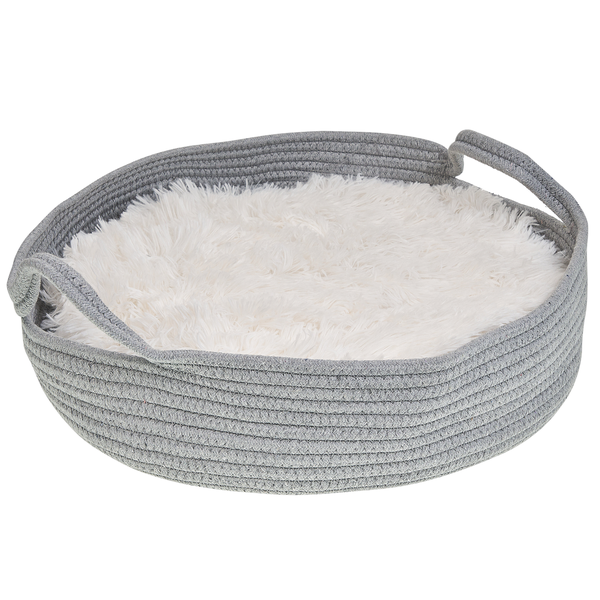 Runder geflochtener Aufbewahrungskorb aus grauem Seil mit zwei seitlichen Griffen.